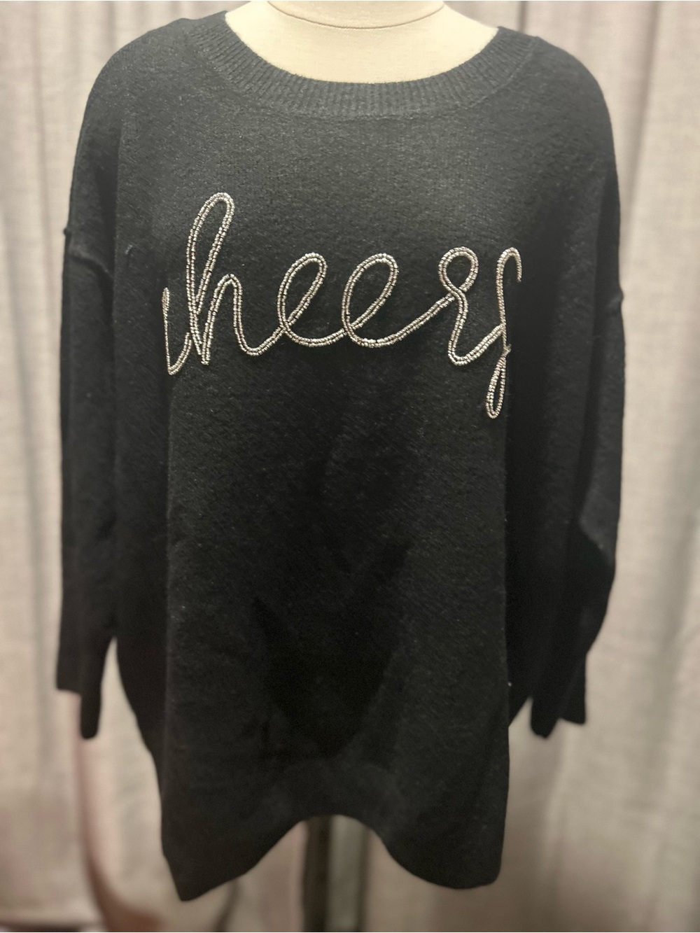 CeCe Black Crewneck Sweater with Beaded "cheers" Script